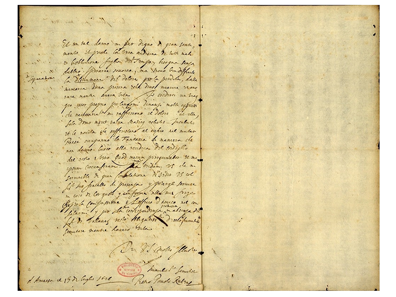 Lettera autografa di Pieter Paul Rubens. Torino, Biblioteca civica Centrale