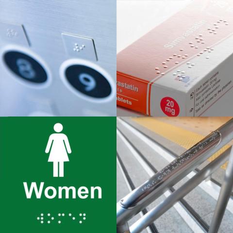 immagine di applicazioni braille: ascensori, medicinali, segnaletica, mancorrenti