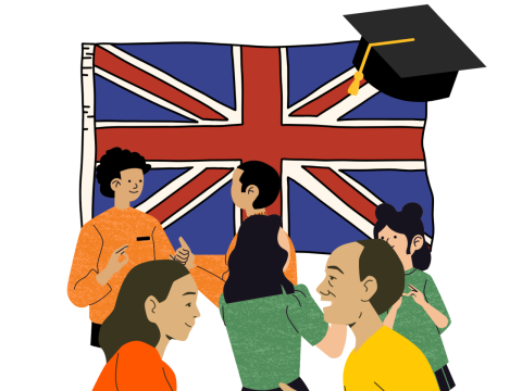 immagine disegnata bandiera gran bretagna e persone che conversano
