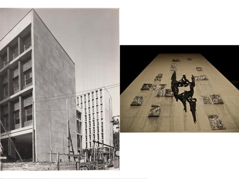 La facciata della Biblioteca civica senza e con l'opera di Franco Garelli, Genio della cultura