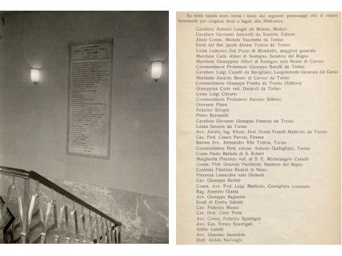 Lapide ai benefattori della Biblioteca civica nella sede del 1929, con elenco dei medesimi
