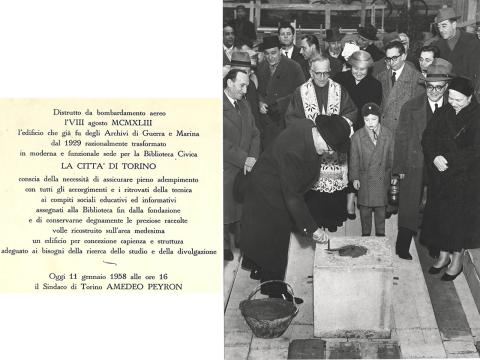 Posa della prima pietra del nuovo edificio della Biblioteca civica, con la pergamena murata all'interno dello scavo, 1958