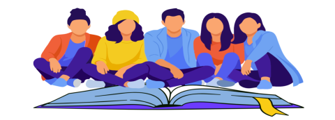 Illustrazione a colori di un gruppo di ragazzi e ragazze seduti a terra di fronte ad un grande libro aperto