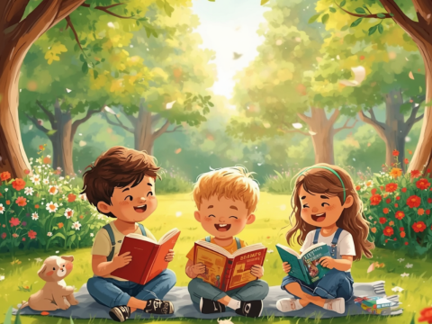 bambini che leggono seduti fra gli alberi