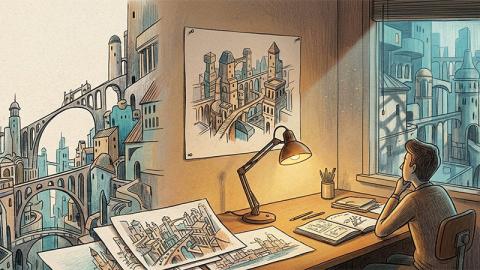 disegno con bambino seduto alla scrivania che guarda la città dalla finestra