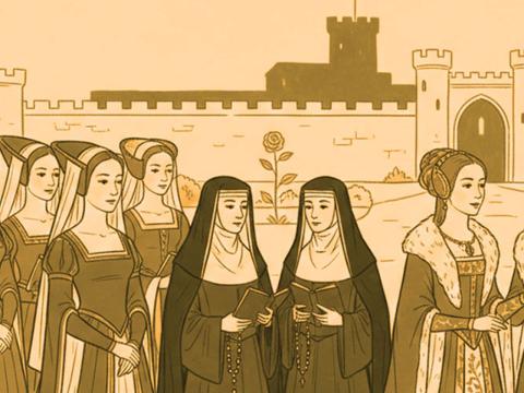 disegno medievale con suore e dame