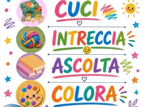 Scritte colorate incolonnate "Cuci Intreccia Ascolta Colora", circondate da disegni come stelline, pallini colorati, gomitoli e attrezzatura per il bricolage.