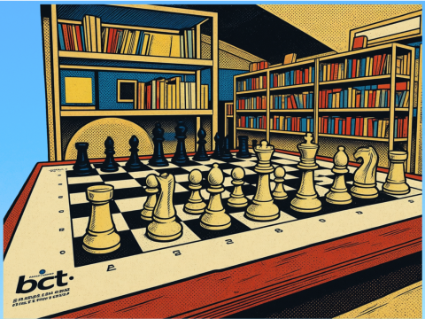 Vista in prospettiva di una scacchiera allestita in una sala di lettura, modificata per sembrare un fumetto a colori. Visibile il logo delle BCT in basso a sinistra.