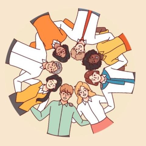 Gruppo di uomini e donne che si abbracciano, viste da sotto, disegnati.