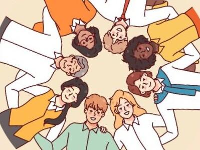 Gruppo di uomini e donne che si abbracciano, viste da sotto, disegnati.