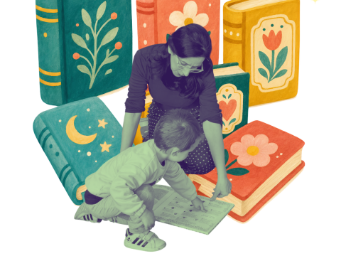 foto lettrice con bambino in mezzo a libri disegnati